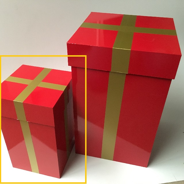 BOX, Red Wooden Gift Box w Lid - Red Vinyl Wrap w Gold Band 35cmH